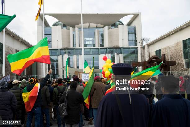 Ethiopian expats protest against their government in front of the Chancellery in Berlin, Germany on February 22, 2018. The protesters demonstrate...