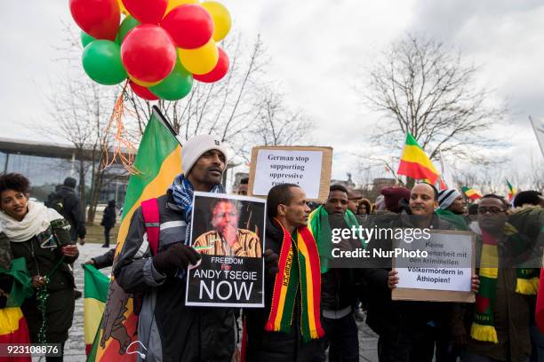 Ethiopian expats protest against their government in front of the Chancellery in Berlin, Germany on February 22, 2018. The protesters demonstrate...