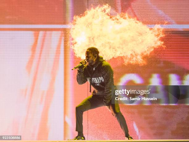 Kendrick Lamar performs at The BRIT Awards 2018 held at The O2 Arena on February 21, 2018 in London, England.