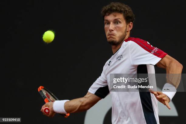 Pablo Carreno Busta of Spain returns a shot to Aljaz Bedene of Slovenia during the ATP Rio Open 2018 at Jockey Club Brasileiro on February 22, 2018...