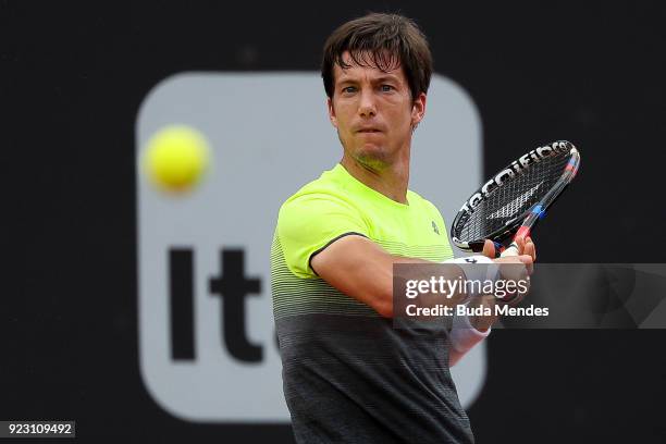 Aljaz Bedene of Slovenia returns a shot to Pablo Carreno Busta of Spain during the ATP Rio Open 2018 at Jockey Club Brasileiro on February 22, 2018...