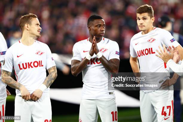Andrey Eshchenko of Spartak Moscow, Quincy Promes of Spartak Moscow, Roman Zobnin of Spartak Moscow during the UEFA Europa League match between...
