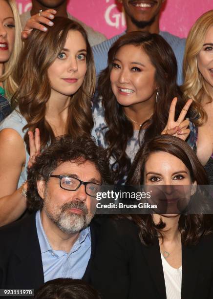 Erica Henningsen, Ashley Park, Composer Jeff Richmond and Book Writer Tina Fey pose at the "Mean Girls" broadway cast photo call and meet & greet at...