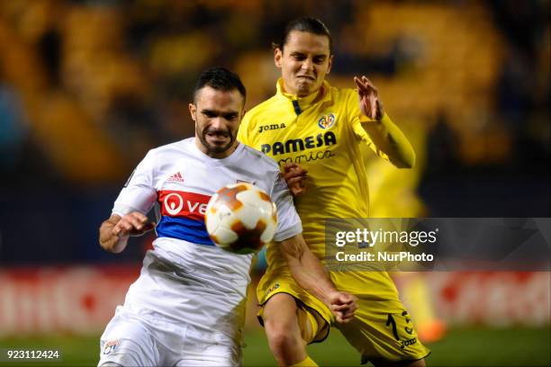 Jeremy Morel, Enes Unal during the match between Villarreal CF against Olympique of Lyon. Round of 32, 2nd leg of UEFA Europa League at Ceramica...