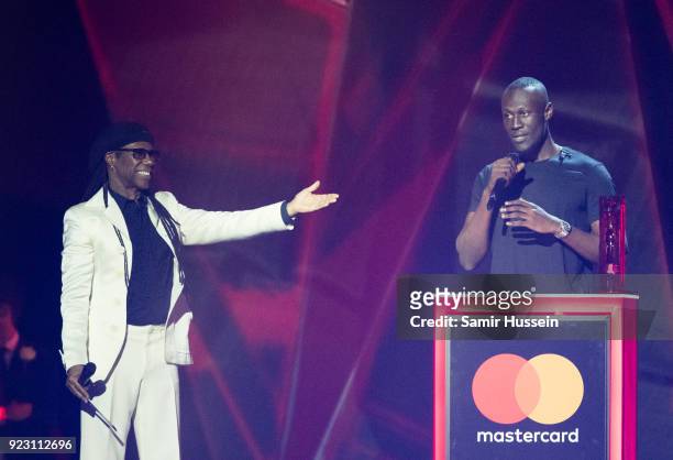 Nile Rodgers and Stormzy, winner of British Album Of The Year on stage at The BRIT Awards 2018 held at The O2 Arena on February 21, 2018 in London,...