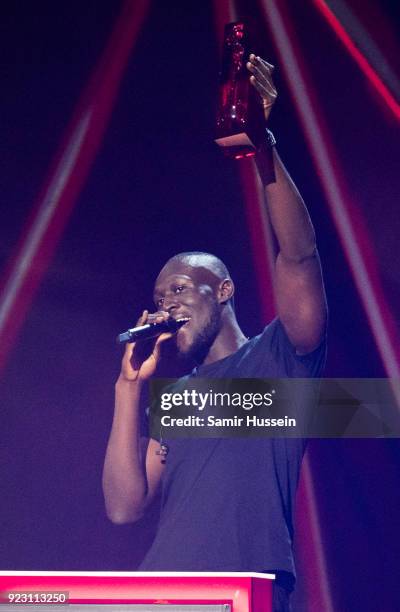 Stormzy, winner of British Album Of The Year on stage at The BRIT Awards 2018 held at The O2 Arena on February 21, 2018 in London, England.