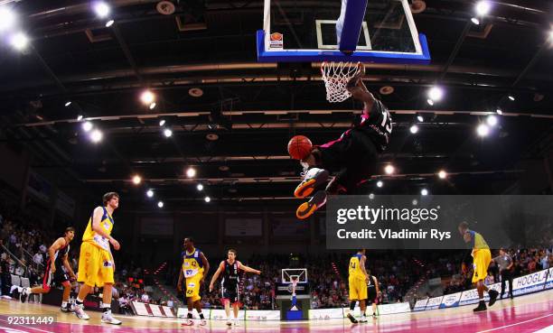 Patrick Flomo of Baskets dunks during the Beko Basketball Bundesliga game between Telekom Baskets and Phoenix Hagen at the Telekom Dome on October...