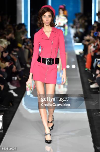 Model walks the runway at the Moschino Autumn Winter 2018 fashion show during Milan Fashion Week on February 21, 2018 in Milan, Italy.