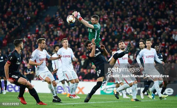 Aleksandr Selikhov of FC Spartak Moskva blocks a shoot during UEFA Europa League Round of 32 match between Athletic Bilbao and Spartak Moscow at the...