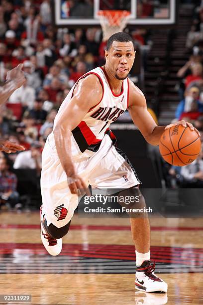 Brandon Roy of the Portland Trail Blazers drives the ball up court during the preseason game against the Utah Jazz on October 20, 2009 at the Rose...