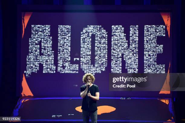 Michael Schulte performs onstage during the 'Eurovision Song Contest 2018 - Unser Lied fuer Lissabon' show on February 22, 2018 in Berlin, Germany....