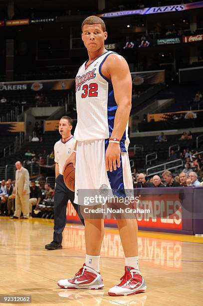 Blake Griffin of the Los Angeles Clippers stands on the court during the preseason game against the Utah Jazz on October 17, 2009 at Staples Center...