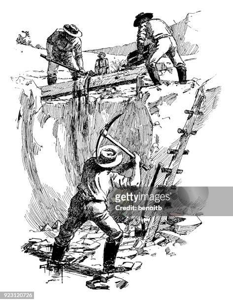 prospectors panning for gold - pickaxe stock illustrations