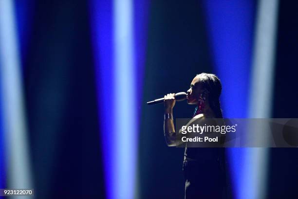 Ivy Quainoo performs onstage during the 'Eurovision Song Contest 2018 - Unser Lied fuer Lissabon' show on February 22, 2018 in Berlin, Germany. The...