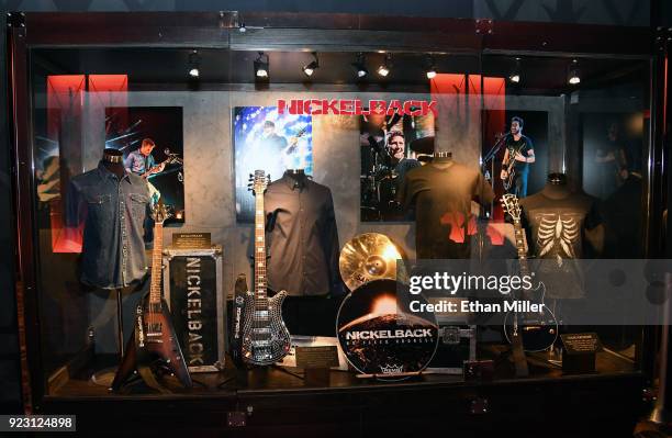 Items from Nickelback are displayed in a memorabilia case after it was unveiled ahead of the band's five-night "Feed the Machine" residency at The...