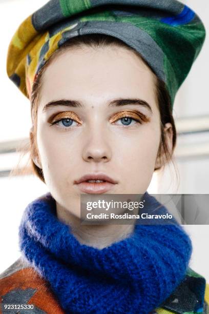 Model is seen backstage ahead of the Arthur Arbesser show during Milan Fashion Week Fall/Winter 2018/19 on February 21, 2018 in Milan, Italy.