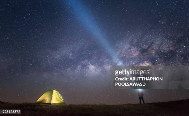 milky way and star galaxy on the sky with camping tent and people with flashlight - flash light stock pictures, royalty-free photos & images