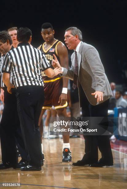 Head coach Jim O'Brien of the Boston College Eagles reacts to the officiating on the court against the Georgetown Hoyas during an NCAA College...