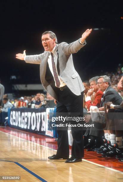 Head coach Jim O'Brien of the Boston College Eagles reacts to the officiating on the court against the Georgetown Hoyas during an NCAA College...