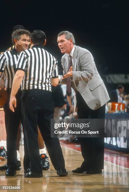 Head coach Jim O'Brien of the Boston College Eagles reacts to the officiating on the court against the Georgetown Hoyas during an NCAA College...