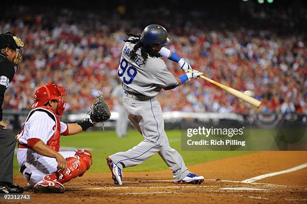 Manny Ramirez of the Los Angeles Dodgers bats during Game Five of the National League Championship Series against the Philadelphia Phillies at...