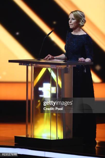 Actress Julia Becker on stage during the show of "Goldene Kamera 2018" at Messehallen on February 22, 2018 in Hamburg, Germany.