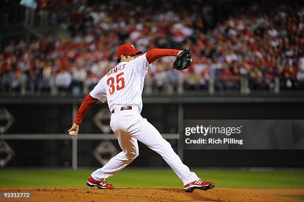 Cole Hamels of the Philadelphia Philles pitches during Game Five of the National League Championship Series against the Los Angeles Dodgers at...