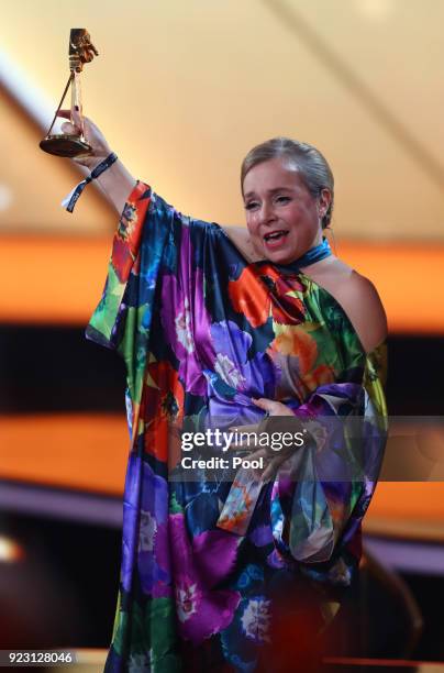 Actress Christine Urspruch on stage during the show of "Goldene Kamera 2018" at Messehallen on February 22, 2018 in Hamburg, Germany.