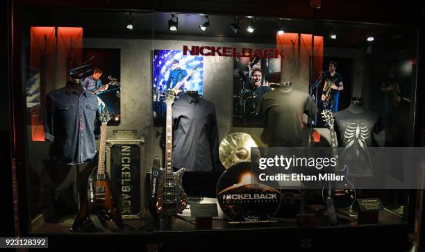 Items from Nickelback are displayed in a memorabilia case after it was unveiled ahead of the band's five-night "Feed the Machine" residency at The...