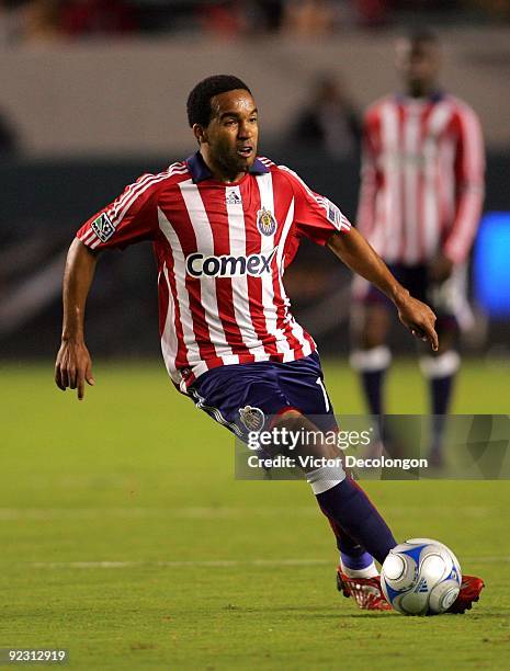 Maykel Galindo of Chivas USA controls the ball near midfield during the MLS match against the San Jose Earthquakes at The Home Depot Center on...