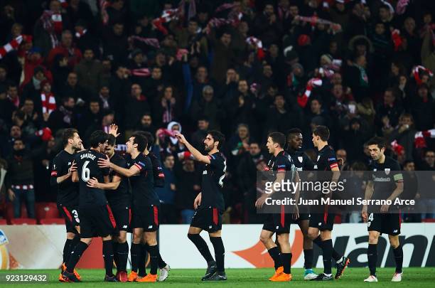 Xavier Etxeita of Athletic Club celebrates after scoring during UEFA Europa League Round of 32 match between Athletic Bilbao and Spartak Moscow at...