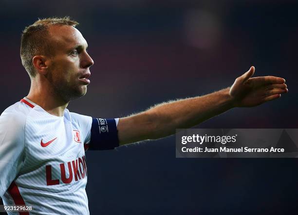 Denis Glushakov of FC Spartak Moskva looks on during UEFA Europa League Round of 32 match between Athletic Bilbao and Spartak Moscow at the San Mames...