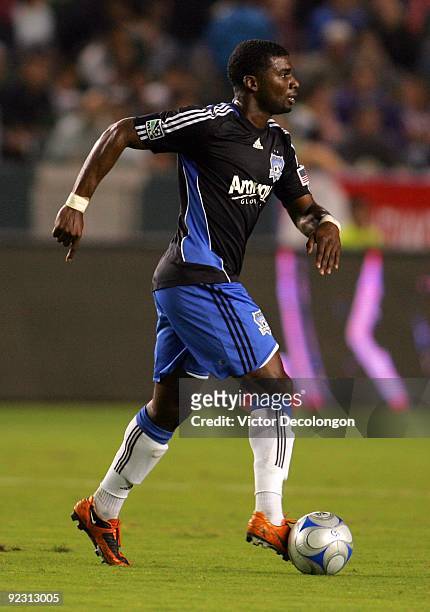 Brandon McDonald of the San Jose Sharks looks to make a pass play against Chivas USA during the MLS match at The Home Depot Center on October 17,...