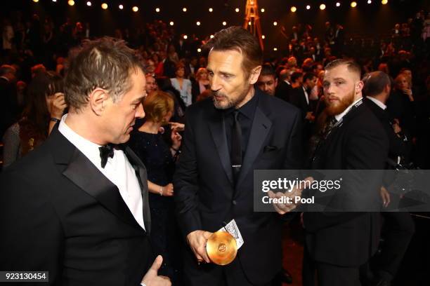 Michael Mittermeier and Liam Neeson during the show of "Goldene Kamera" at Messehallen on February 22, 2018 in Hamburg, Germany.