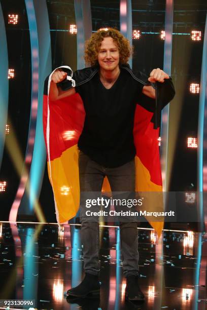 Michael Schulte poses after winning the 'Eurovision Song Contest 2018 - Unser Lied fuer Lissabon' show with his song 'You Let me Walk Alone' on...