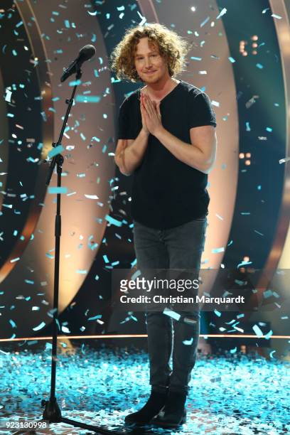Michael Schulte poses after winning the 'Eurovision Song Contest 2018 - Unser Lied fuer Lissabon' show with his song 'You Let me Walk Alone' on...