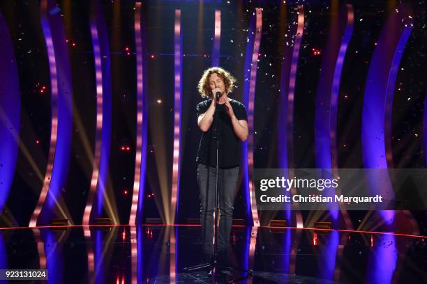 Michael Schulte poses after winning the 'Eurovision Song Contest 2018 - Unser Lied fuer Lissabon' show with his song 'You Let me Walk Alone' on...