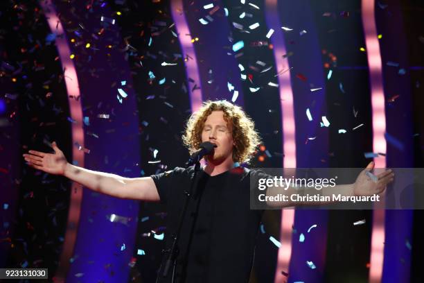 Michael Schulte poses after winning the 'Eurovision Song Contest 2018 - Unser Lied fuer Lissabon' show with his song 'You Let me Walk Alone' on...