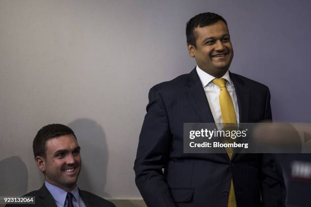 Raj Shah, White House deputy press secretary, right, smiles during a White House press briefing in Washington, D.C., U.S., on Thursday, Feb. 22,...