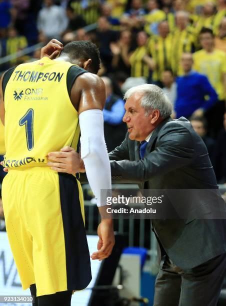 Head coach of Fenerbahce Dogus Zeljko Obradovic gives tactics to his player Jason Thompson during the Turkish Airlines Euroleague basketball match...