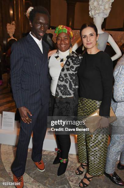 Wilson Oryema, Vanessa Winston and Livia Firth, Founder and Creative Director of Eco-Age, attend the VIP preview of the Commonwealth Fashion Exchange...