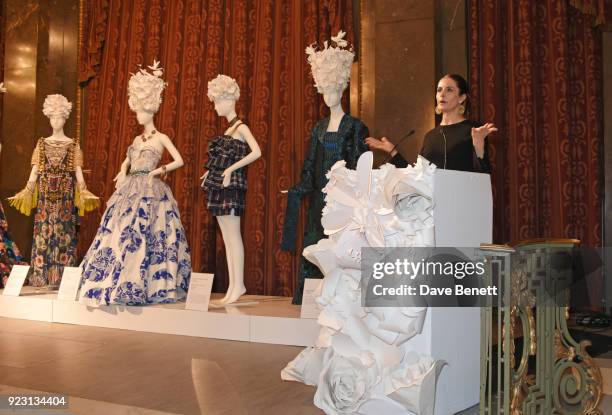 Livia Firth, Founder and Creative Director of Eco-Age, speaks at the VIP preview of the Commonwealth Fashion Exchange exhibition at the High...