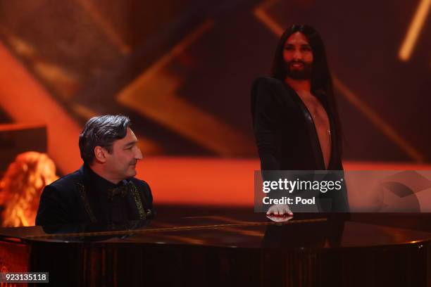 Mousse T. And Conchita during the show of "Goldene Kamera" at Messehallen on February 22, 2018 in Hamburg, Germany.