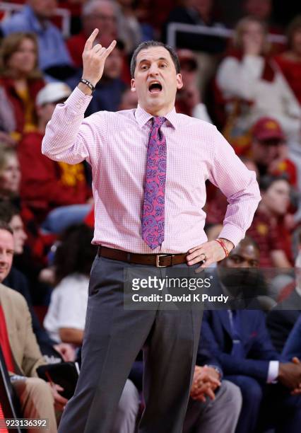 Head coach Steve Prohm of the Iowa State Cyclones coaches from the bench in the first half of play at Hilton Coliseum on February 21, 2018 in Ames,...