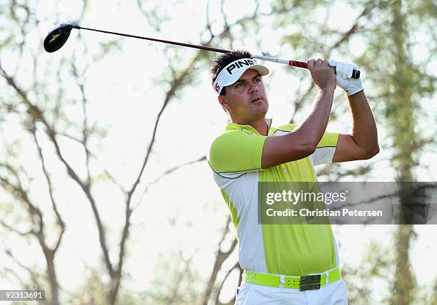 Daniel Chopra of Sweden hits a tee shot on the ninth hole during the second round of the Frys.com Open at Grayhawk Golf Club on October 23, 2009 in...