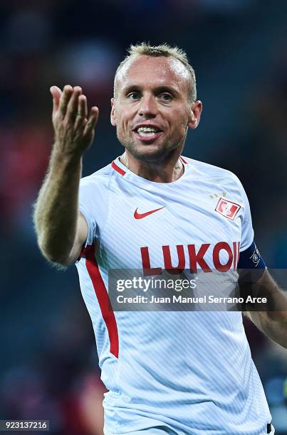 Denis Glushakov of FC Spartak Moskva looks on during UEFA Europa League Round of 32 match between Athletic Bilbao and Spartak Moscow at the San Mames...