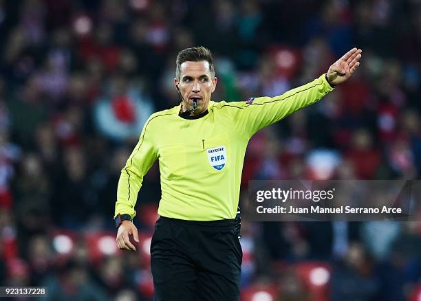 German referee Tobias Stieler reacts during UEFA Europa League Round of 32 match between Athletic Bilbao and Spartak Moscow at the San Mames Stadium...