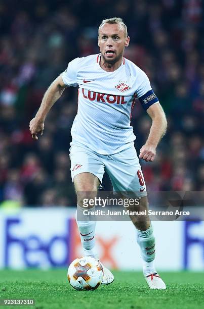 Denis Glushakov of FC Spartak Moskva in action during UEFA Europa League Round of 32 match between Athletic Bilbao and Spartak Moscow at the San...
