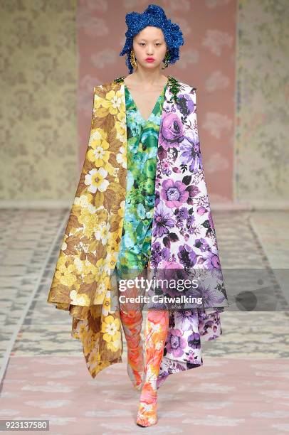 Model walks the runway at the Richard Quinn Autumn Winter 2018 fashion show during London Fashion Week on February 20, 2018 in London, United Kingdom.