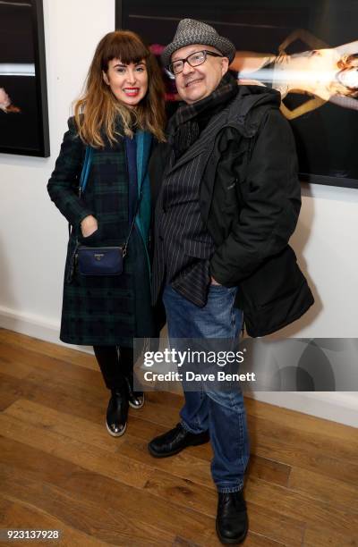 Lauren Baker and Mark James attend a private view of artist Derrick Santini's new exhibition 'Float & Fly' at The Fitzrovia Gallery on February 22,...